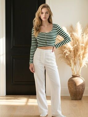 Striped Green & White Long-Sleeve Cropped Button Top